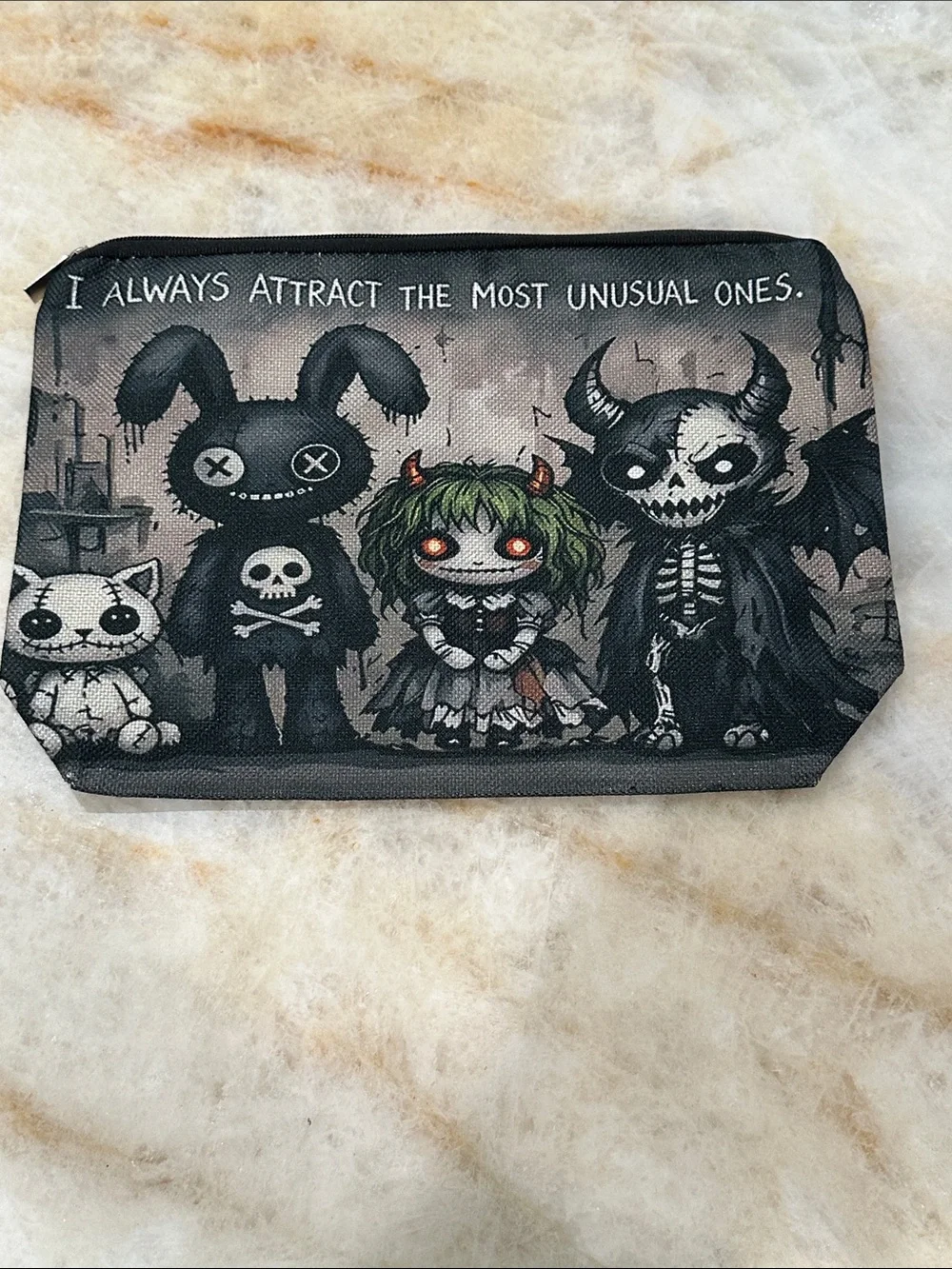 Gothic Cute Character Zip Pouch - Black & Gray with Green Accents